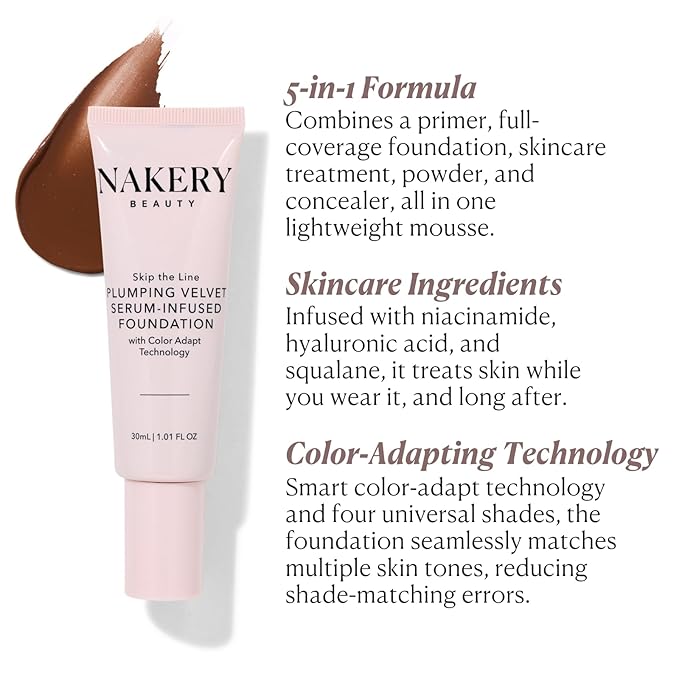 Nakery Full Coverage Plumping Liquid Foundation - Serum Infused Makeup with Niacinamide & Hyaluronic Acid for All Skin Types - Medium-VivaGrace Women