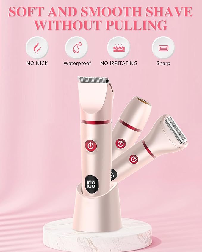Bikini Trimmer for Women, Electric Razor for Pubic Hair 3-in-1, Bikini Shaver for Legs Body Hair, Womens Electric Razor IPX6 Waterproof, Gifts for Women,Pink-VivaGrace Women