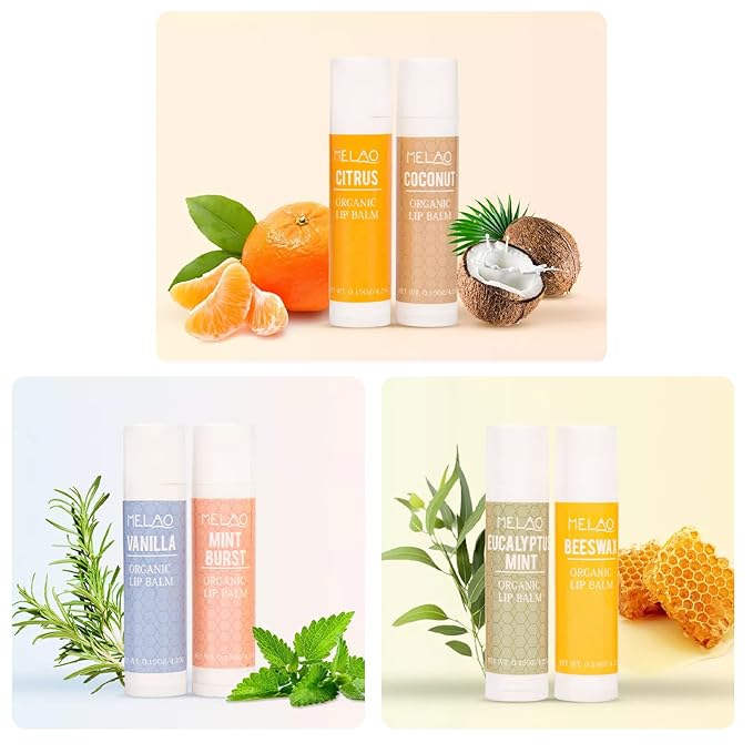Lip Balm with Nourishing and Hydrating for Dry Cracked Lips, Natural and Organic Ingredients Lip Butters, Lip Balm Set (6 Pack), 6 Scents(Coconut, Citrus, Mint, Eucalyptus Mint, Honey, Vanilla)-VivaGrace Women