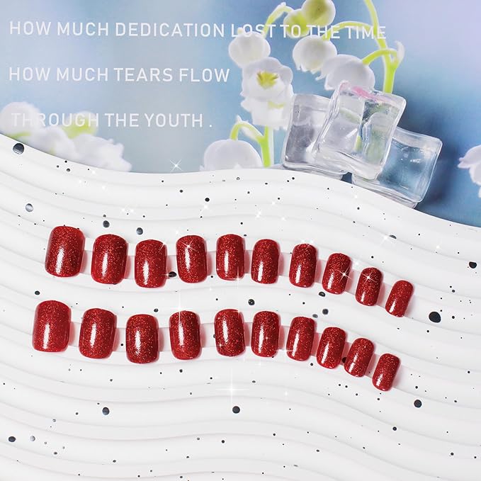 KQueenest Red Glitter Nails Press ons, Gel Press on Nails Short Square, Long Lasting Sparkly Shiny Fake Nails Cute, Luxury Glue on Nails Short, Bling False Nails for Festival Manicure, 24 Pcs