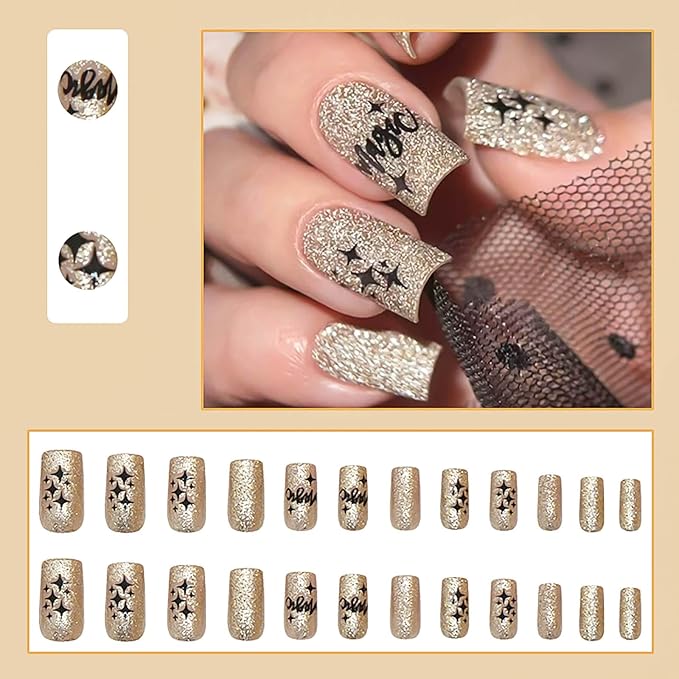 Medium Press on Nails Square Fake Nails Gold Glitter False Nails with Designs Medium Square Glue on Nails Sparkly Artificial Nails Cute Stick on Nails for Women 24Pcs