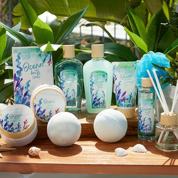 Green Canyon Spa Gift Baskets for Women, Bath and Body Gift Set for Women, 12Pcs Ocean Spa Sets Includes Bubble Bath, Body Lotion,Mothers Day Gifts for Her,Spa Baskets-VivaGrace Women