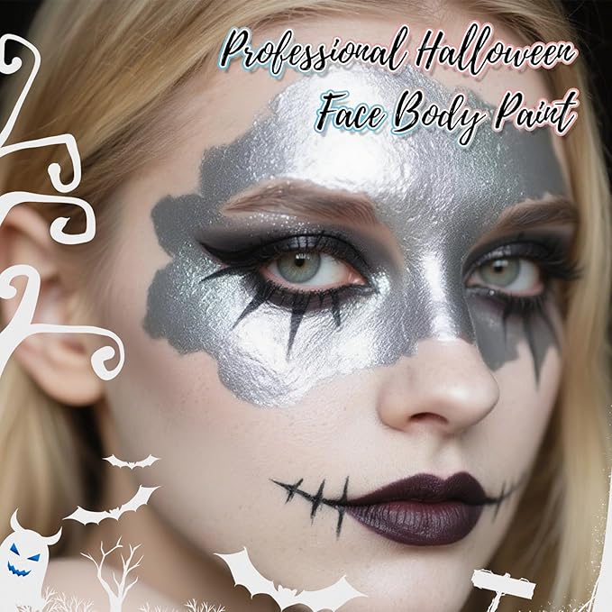 Sliver Water Based Face Body Paint, 2.37 OZ Large Tube Full Coverage Face Paint for Skull Goth Cosplay, Washable Metallic Silver Body Painting Cream for Adult Carnival Halloween SFX Makeup-VivaGrace Women