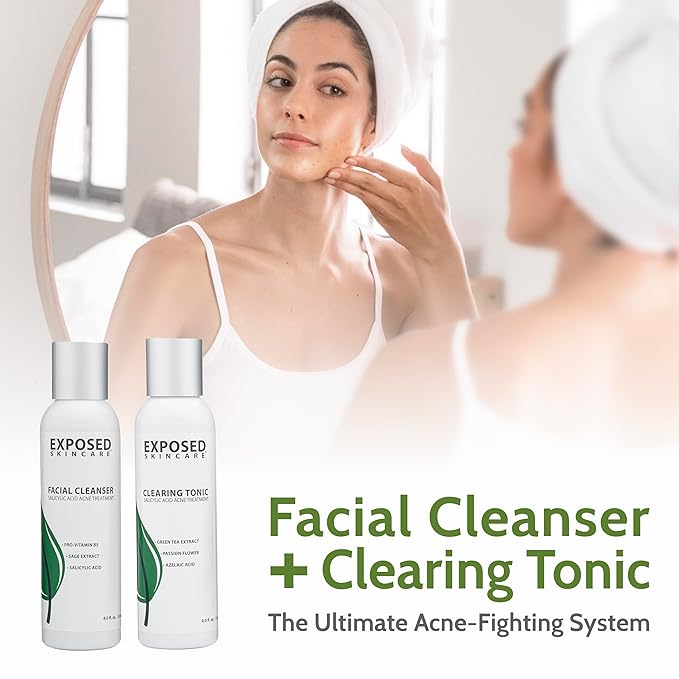 Exposed Skin Care Expanded Acne Treatment Kit - Includes Salicylic Acid Face Wash, Clearing Tonic, Treatment Serum with Benzoyl Peroxide, Clear Pore Serum, Moisture Complex - Made for All Skin Types-VivaGrace Women