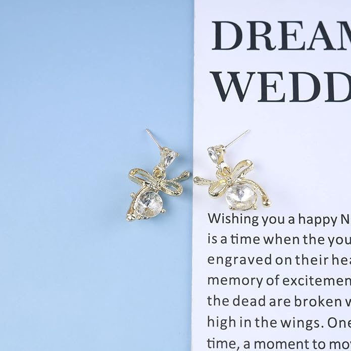 Vintage Rhinestone Bow Drop Earrings Gold Teardrop Crystal Earrings Round Cut Stud Earrings Bow Crystal Bridal Earrings Jewelry for Women-VivaGrace Women