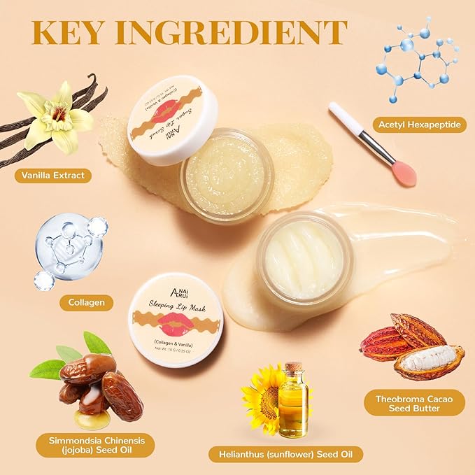 ANAI RUI Lip Mask and Scrub Set, Lip Sleeping Mask & Lip Exfoliator/Scrub for Exfoliating & Lip Overnight Treatment, Lip Care Gift Kits for Dry, Chapped & Dark Lips, Reduce Fine Lines, Vanilla-VivaGrace Women