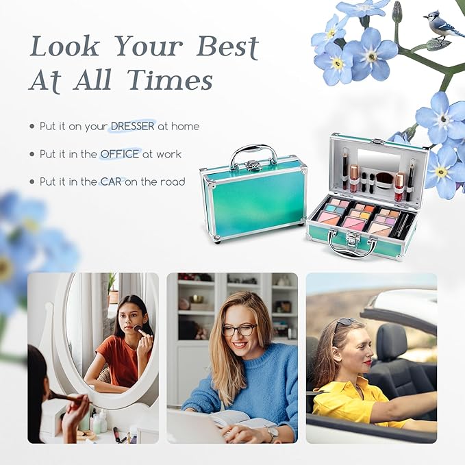 Color Nymph Beginner Makeup Kits For Teens With Train Case Included Full Makeup Kit Eyeshadow Palette Blushes Bronzer Highlighter Lipstick Brushes Mirror (Green)-VivaGrace Women