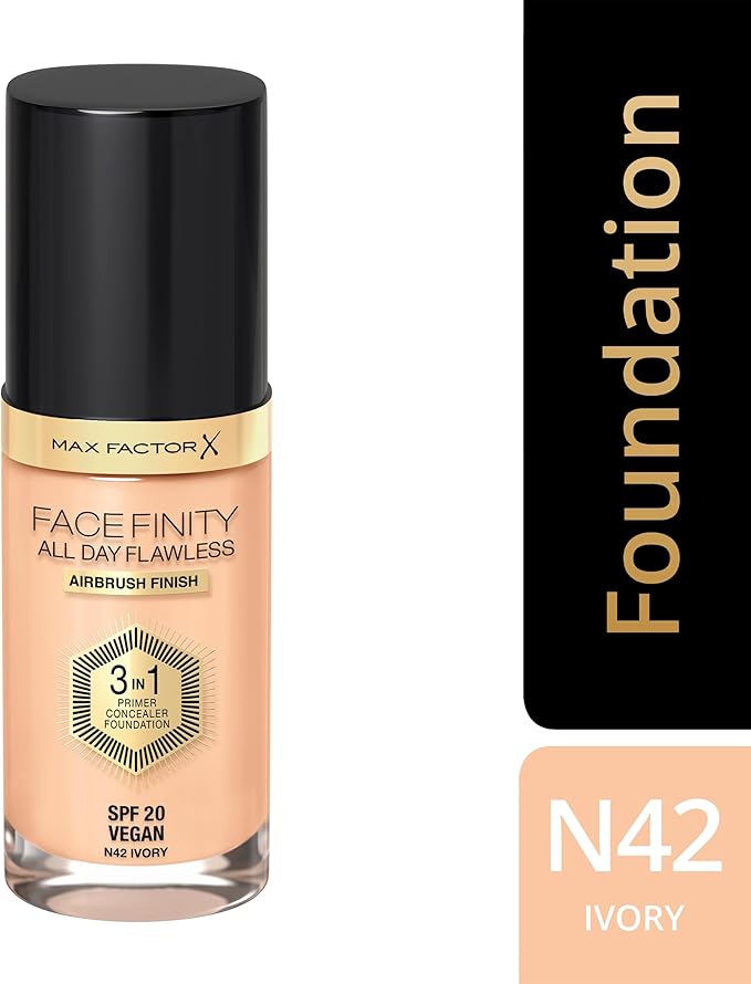Max Factor Facefinity 3-in-1 All Day Flawless Liquid Foundation, SPF 20-42 Ivory, 30 ml-VivaGrace Women