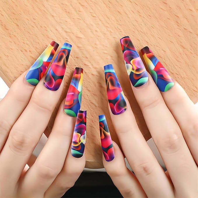 Acrylic Press on Nails Long Coffin Fake Nails with Nails Glue Long Ballet False Nails with Water Ripple Rainbow Designs Colorful Full Cover Artificial Nails Press Ons Stick on Nails 24Pcs