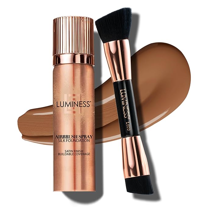 LUMINESS Silk Airbrush Spray Foundation & Buffing Brush Kit – Full Coverage Foundation & Dual-Sided Buffing Brush - Buildable Coverage, Anti-Aging Formula Hydrates & Moisturizes (Shade - Tan Dark)-VivaGrace Women