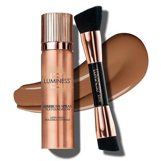 LUMINESS Silk Airbrush Spray Foundation & Buffing Brush Kit – Full Coverage Foundation & Dual-Sided Buffing Brush - Buildable Coverage, Anti-Aging Formula Hydrates & Moisturizes (Shade - Tan Dark)-VivaGrace Women