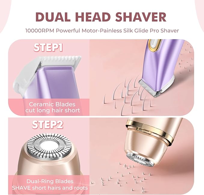2 in 1 Bikini Trimmer for Women, Dual Head Electric Razor, IPX7 Waterproof Wet/Dry Use Women Electric Shaver, Painless Body Facial Hair Remover for Bikini Legs Arm Underarm, (Lavender)-VivaGrace Women