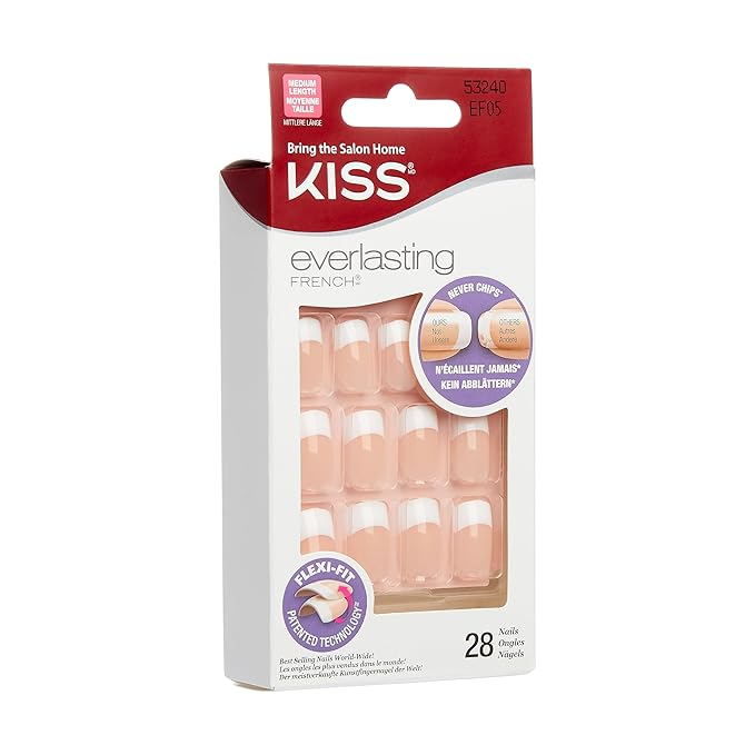 Kiss Everlasting French Nail Manicure, Chip-Free with Flexi-Fit Technology, Medium, "Infinite", Nail Kit with Pink Nail Glue (Net Wt. 2 g / 0.07oz.), Mini File, Manicure Stick, and 28 Fake Nails