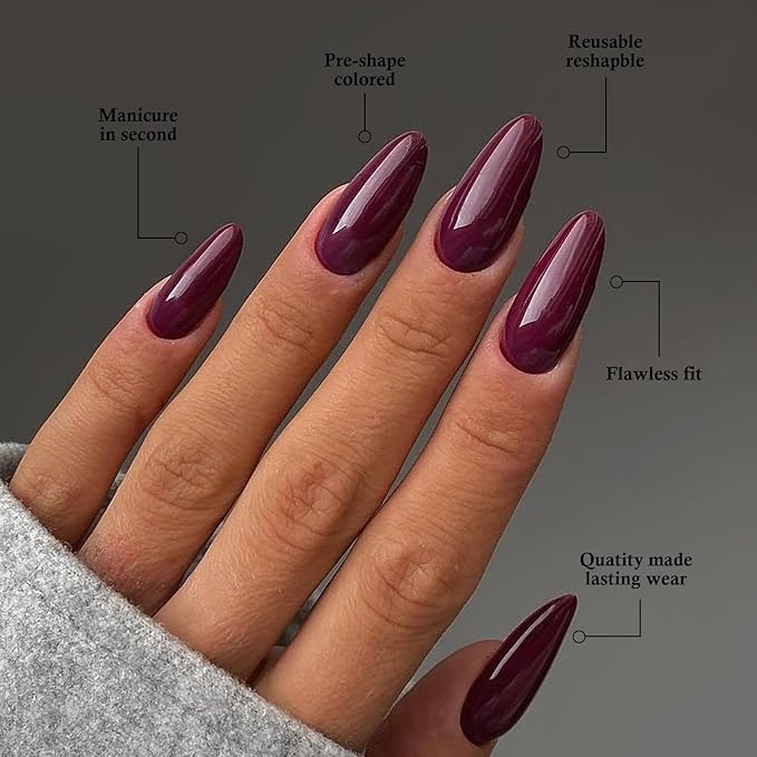 LoveOurHome 240pc Christmas Almond Press on Nails Medium Fake Nail Tips Acrylic Nails Press ons Nail Almond Burgundy Red Short Stiletto Artificial Fingernail & Glue Adhesive Tabs for Women Girls Kid