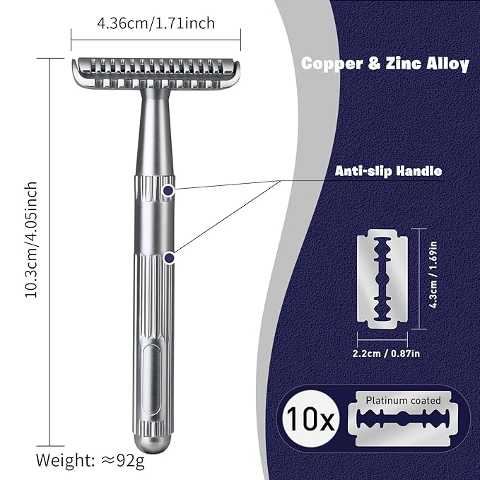 Matte Silver Double Edge Safety Razor, Single Blade Razors for Men and Women, with 10 Stainless Steel Safety Razor Blades, Reusable, Smooth and Close Wet Shaving Kit, Plastic Free-VivaGrace Women
