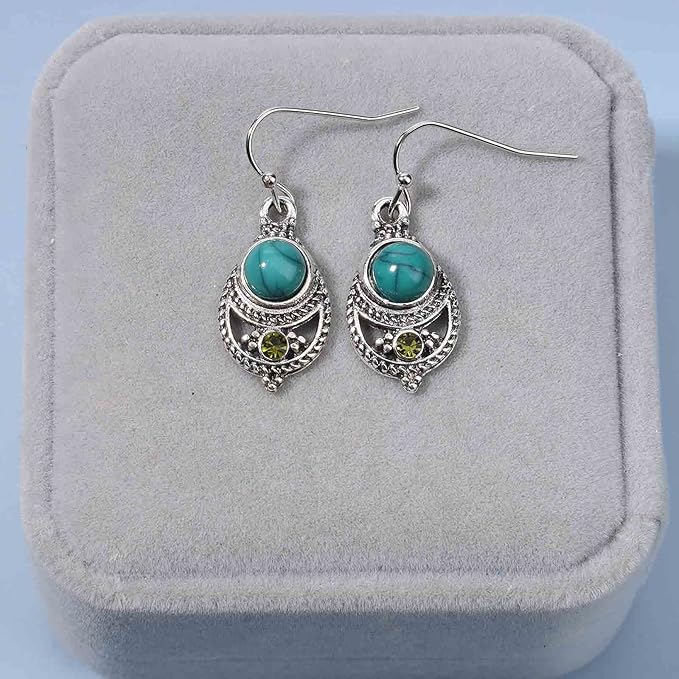 Boho Ethnic Turquoise Drop Earrings Silver Teardrop Turquoise Earrings Gemstone Hook Earrings Retro Drop Dangle Earrings Jewelry for Women and Girls-VivaGrace Women