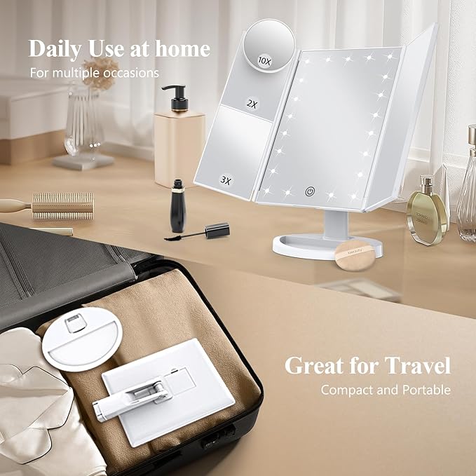 HUONUL Makeup Mirror Vanity Mirror with Lights, 2X, 3X, 10X Magnification, Touch Control, Trifold, White, 9.4" L x 13.4" W, Modern Style, Dresser Mount, Bathroom-VivaGrace Women