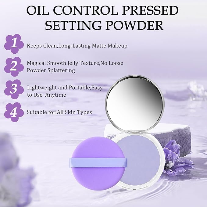Chillab Lavender Matte Powder, Chillab Lavender Matte Powder Oil Control, Chillab Polvo Compacto with Mini Powder Puff, For Silky Blurring Oil Control Long-Lasting Makeup, Creates Soft -1PCS-VivaGrace Women