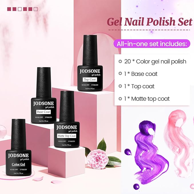 JODSONE 20 Glitter Color Gel Nail Polish Kit 3 Bottles of No Wipe Base Coat Glossy and Matte Top Coat Gel Polish Set High Shine Gorgeous-VivaGrace Women