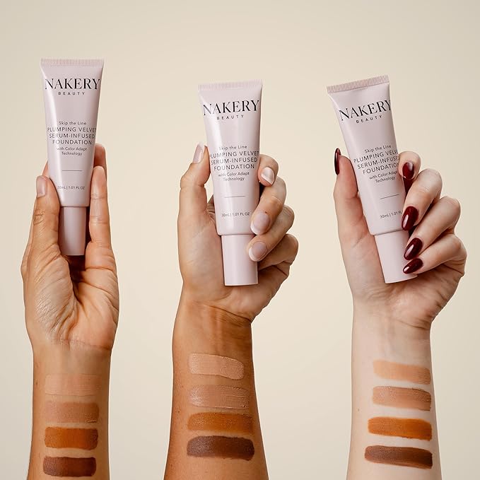 Nakery Skip the Line Full Coverage Foundation for Women - Plumping Velvet Womens Foundation Makeup Matte Finish - Age Defying Foundation - Moisturizing Foundation with Smart Color Adapt - Medium Deep-VivaGrace Women