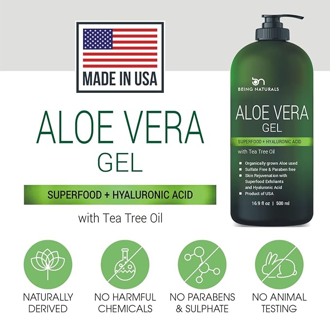 Aloe vera Gel - from 100% Pure Organic Aloe - Natural Raw Moisturizer for Face, Body, Hair. Perfect for Sunburn, Acne, Razor Bumps 16.9 fl oz (Tea Tree, Superfood, Hyaluronic Acid)-VivaGrace Women