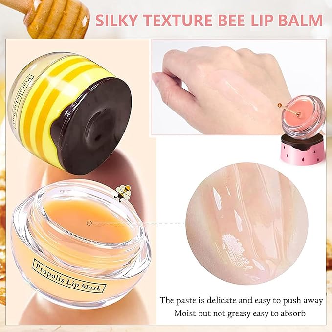 3PCS Bee Lip Balm Honey Pot,Honey Strawberry Watermelon Lip Mask Overnight Moisturizing Lip Balm,Hydrating Prevention Dry & Cracked Nourishing Sleeping Lip Mask (Honey+Strawberry+Watermelon)-VivaGrace Women