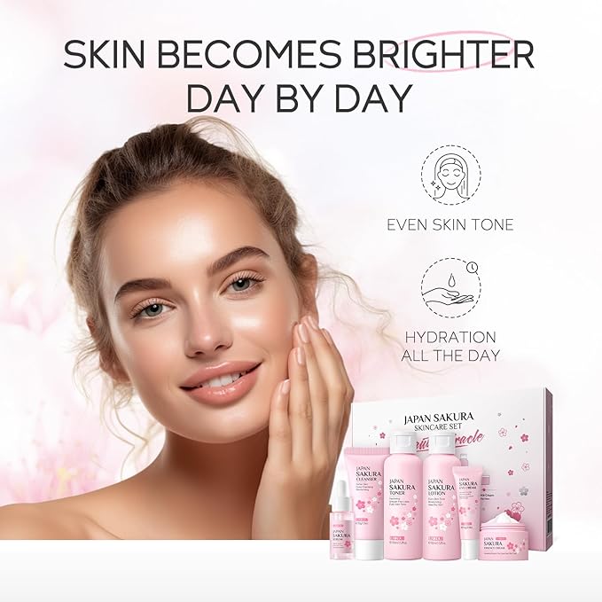 Skin Care Set JAPAN SAKURA Women Beauty Gift Sets Skin Care Kit with Cleanser, Toner, Lotion, Serum, Eye Cream, Face Cream Travel Kit for Women Teen Girls Mom Daughter TSA-friendly Sizes 6pcs-VivaGrace Women