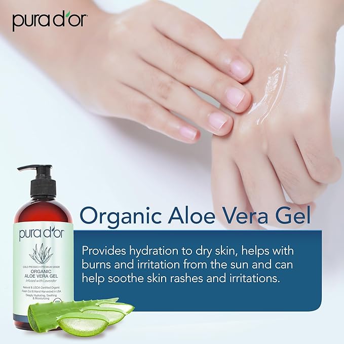 PURA D'OR 16 Oz ORGANIC Aloe Vera Gel - Lavender - All Natural - ZERO Artificial Preservatives - Deeply Hydrating & Moisturizing - Sunburn, Bug Bites, Rashes, Small Cuts, Eczema Relief - Skin & Hair-VivaGrace Women