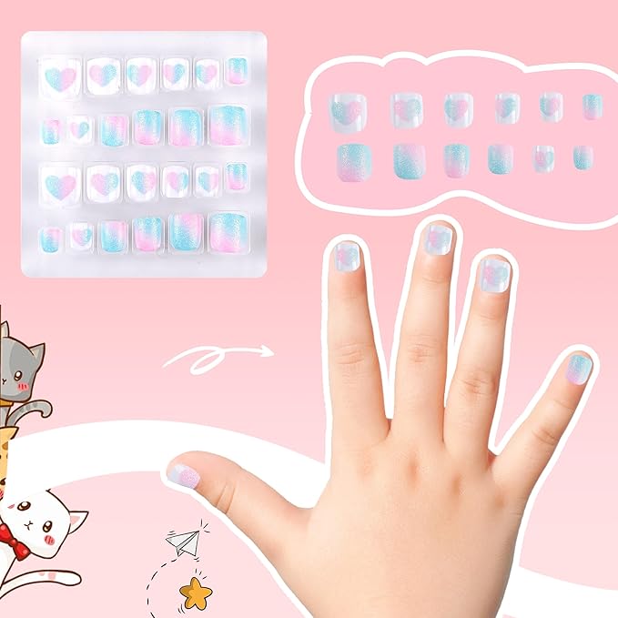 Kids Press on Nails Children Fake Nails 72PCS Artificial Nail Tips Adhesive Full Cover Short False Fingernails for Girls Kids Nail Decoration (French Donut Heart)