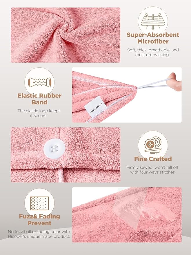 Hicober Microfiber Hair Towel, 2Packs Hair Turbans Wrap for Women Wet Hair, Hair Drying Towels for Curly Hair Anti Frizz(Purple,Pink)-VivaGrace Women