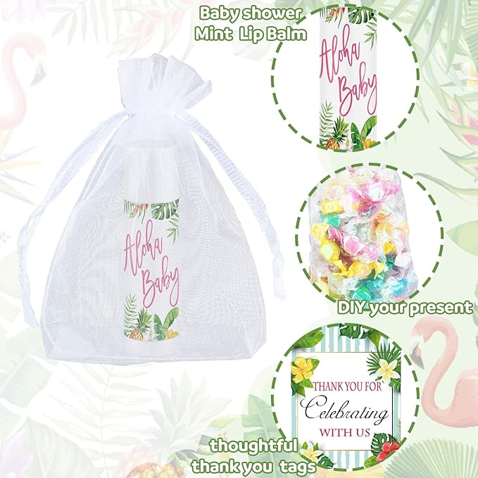 Demissle 50 Pcs Baby Shower Lip Balm Gift Set with 100 Pcs Organza Bags Baby Shower Party Favor for Guest Thank You Tag Rope Baby Shower Party Decoration Gender Reveal Souvenirs (Tropical)-VivaGrace Women