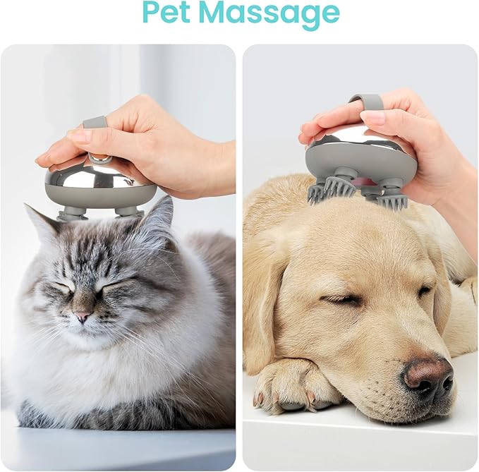 Portable Electric Scalp Massager - Rechargeable IPX7 Waterproof Heated Scalp Massager w/ 100 Kneading Nodes, 3 Speed Modes, 2 Massage Styles, 8 Claws for Scalp/Body Massage & Face Cleaning (SilverïŒ