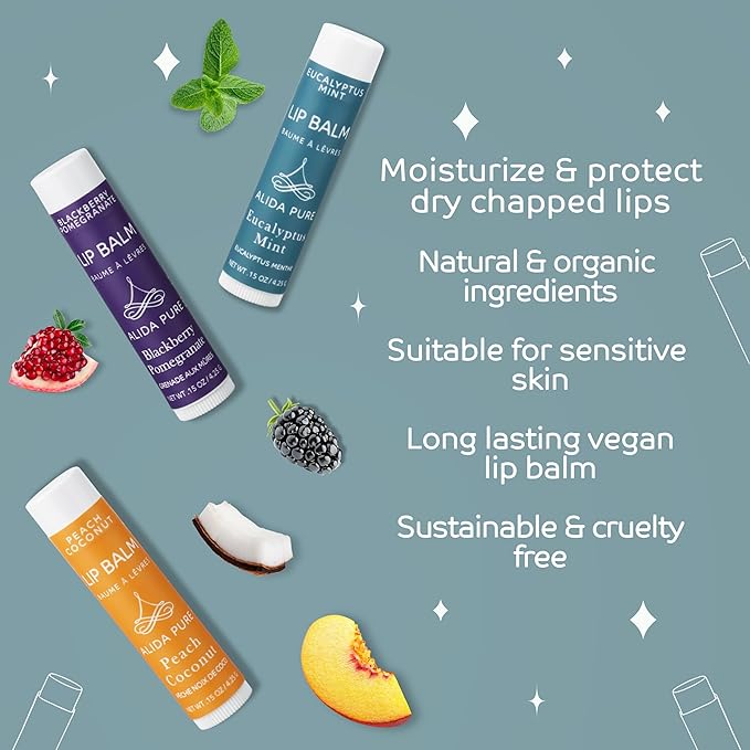 Fruit Mint Lip Balm Collection, Vegan Lip Balm Set, Bees Wax Free, Coconut Oil Free, Avocado Oil, Organic Jojoba Oil, Vitamin E, Natural Moisturizer For Dry Cracked Lips, 3 Tube Set-VivaGrace Women