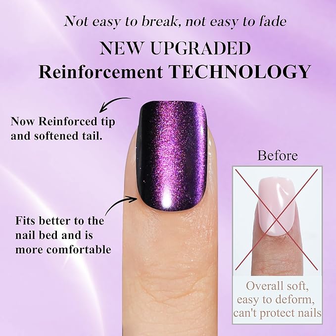 Cat Eye Press on Nails Short, Jofay Fashion Stylish Purple Square Press on Nails, Soft Gel Fake Nails, Reusable & Natural Acrylic False Nails, Stick on Nails for Women Gift, Glue on Nails Kit 32 Pcs