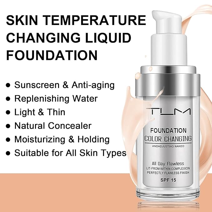 2 PACK TLM Color Changing Foundation Liquid Base,TLM Concealer Cover Cream,All Day Flawless Warm Skin Tone BB Cream Makeup Base Concealer for All Skin SPF15-VivaGrace Women