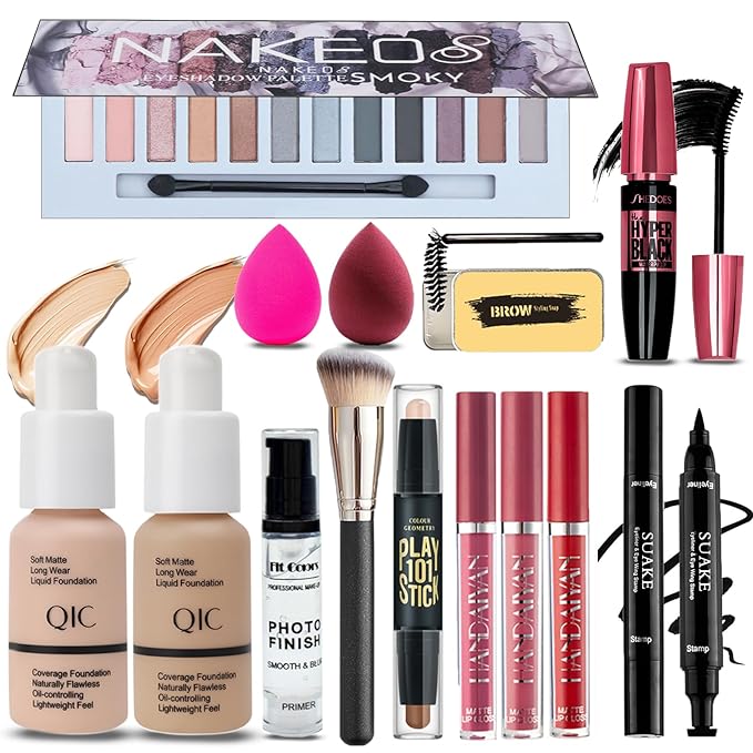 All in One Makeup Kit for Women Full Kit, 12 Colors Eyeshadow, Foundation & Primer, Lipsticks, Eyeliner, Mascara, Contour Stick, Brow Soap, Makeup Brush & Sponge, Make Up Gift Set for Women, Teens