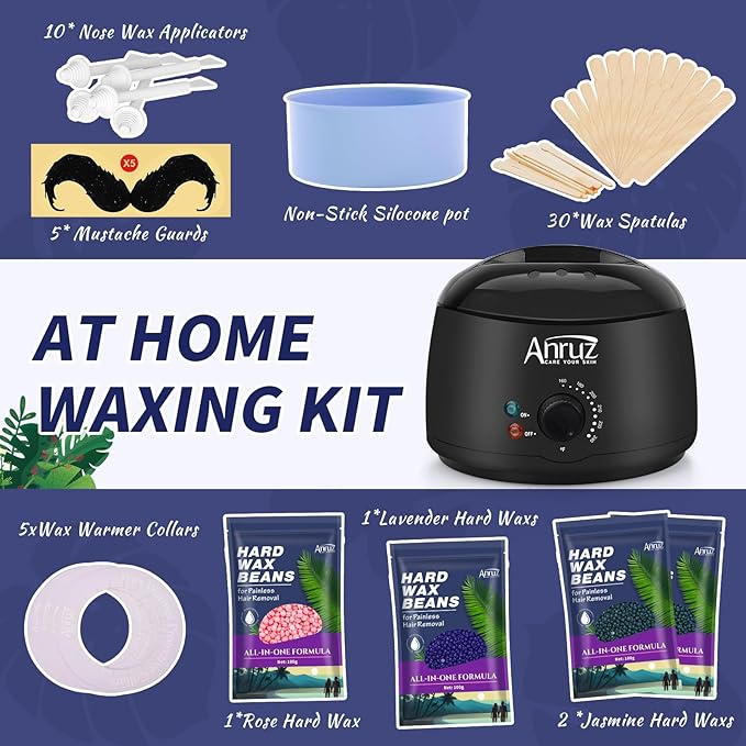 Waxing Kit for Women Men - Wax Kit for Hair Removal with Silicone Bowl,4 Bags Hard Waxing Beads and 30 Sticks - at Home Use Wax Warmer for Full Body, Bikini, Eyebrow, Face, Sensitive Skin-VivaGrace Women