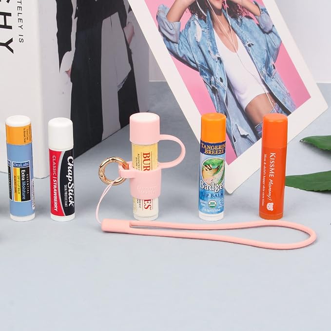 Desing Wish Silicone Lip Balm Holder with Cap Cover Portable Chapstick Holder Keychain Sleeve Lip Balm Key Chain with Key Ring and Wrist Strap Lanyard - Pink-VivaGrace Women