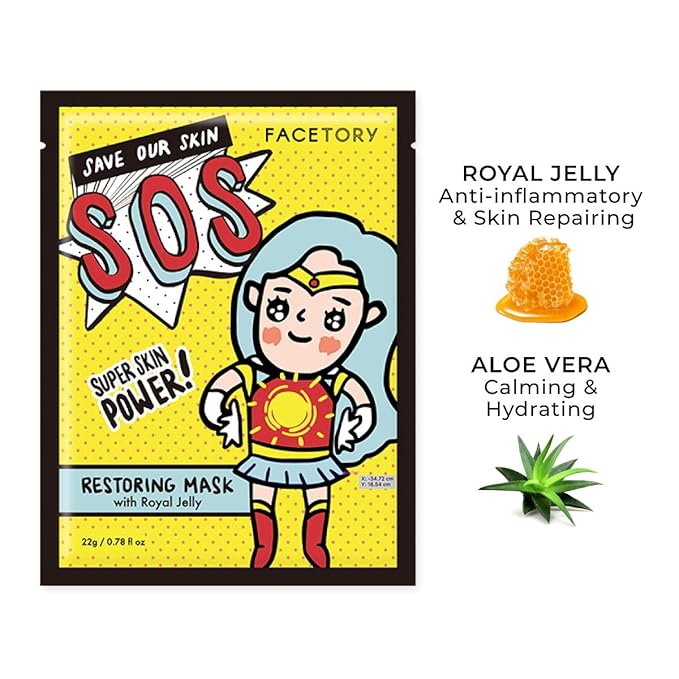FACETORY K Beauty Face Mask Skin Care - SOS SAVE OUR SKIN RESTORING Sheet Mask with Royal Jelly & Aloe | Calm Inflammation, Dewy Skin (5 Pack)
