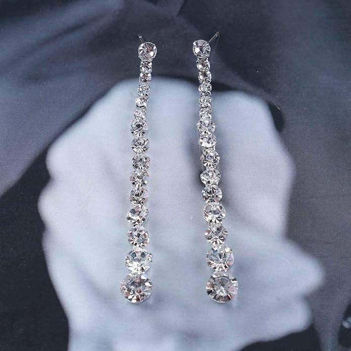 Vintage Rhinestone Chain Drop Earrings Silver Linear Crystal Earrings Sparkle Cz Tassel Earrings Long Cz Chain Stud Earrings Jewelry for Women and Girls-VivaGrace Women