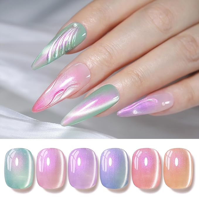 Born Pretty Magnetic Gel Nail Polish Set,Pastel Coral Sea Magnetic Eye Gel Jelly Glass Crystal Magnetic Gel Polish Nail Art Manicure Kit 6PCS-VivaGrace Women