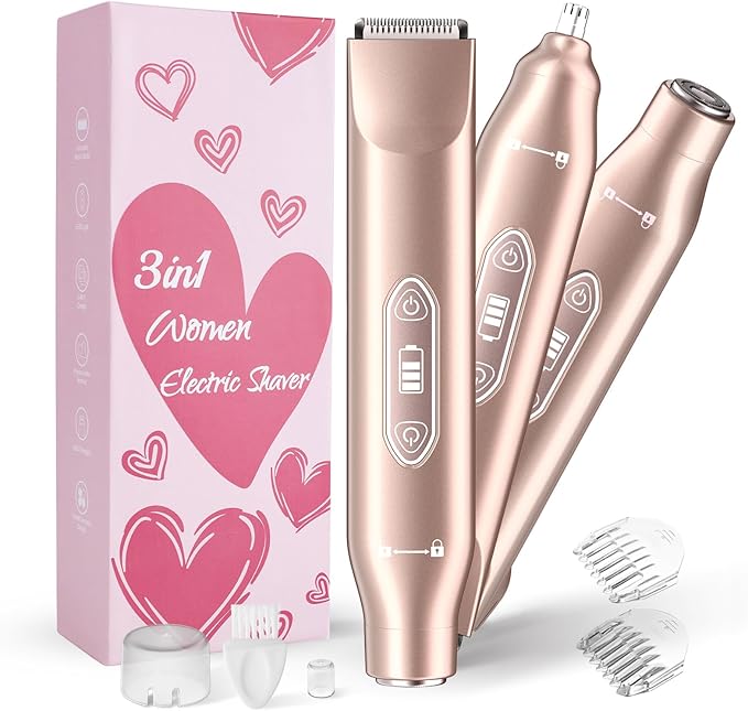 Bikini Trimmer for Women,3 in 1 Electric Razor with Ceramic Blades, IPX7 Waterproof, USB Rechargeable, Painless Hair Removal for Face,Body,Bikini Area, Travel Grooming Kit (Rose Gold)-VivaGrace Women