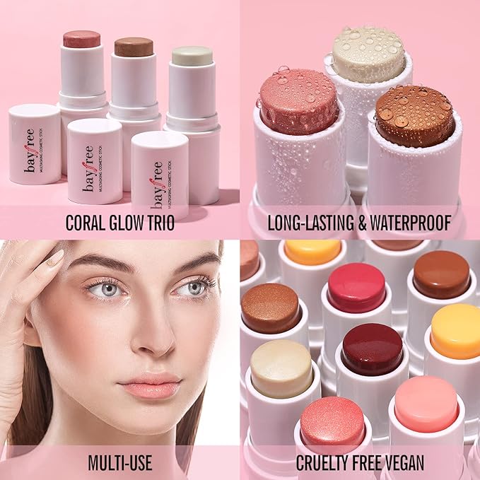 KIMUSE Multi Stick Trio Face Makeup, Cream Blush Stick for Cheeks & Lips, Contour Stick & Highlighter Makeup Sticks for All Skin-VivaGrace Women