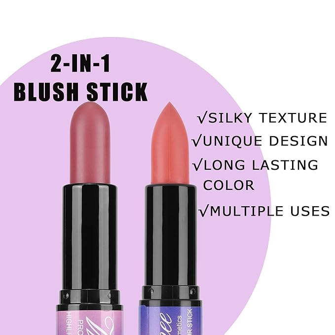 Dual-Ended Cream Blush Stick,Cream Blush Makeup Stick,Buildable Blush Stick for Cheeks Long Wearing,Easy Application,Lightweight Multi Stick,Plum & Peach-VivaGrace Women