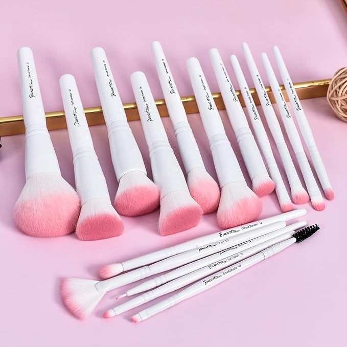 Bueart Design 16Pcs ULTRA SOFT labeled Makeup Brushes set with brush Holder face brush for Foundation Powder Blending Blush wooden Handle(16Pcs White+Pink Holder)-VivaGrace Women