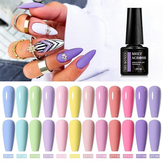 MEET ACROSS 12pcs Gel Nail Polish Set,Soak Off UV LED Lamp Gel Nail Polish Kit,Fashion Shimmer Nail Art Design Gifts for Women Manicure Salon (candy color)