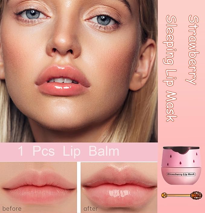 1 PCS Bee Lip Balm Honey Pot, Exfoliating Strawberry Bee Lip Balm Sleeping Lip Mask Overnight with Sticks, Honey Pot Lip Balm Prevention Dry Hydrating and Crack Lip Scrubs-VivaGrace Women