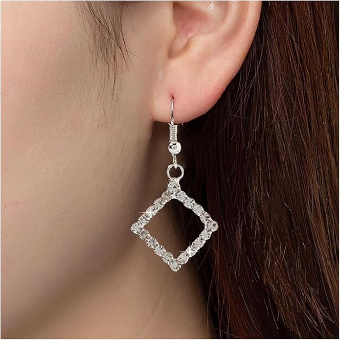 Vintage Crystal Square Drop Earrings Rhinestone Square Dangle Earrings Hollow Square Hook Earrings Silver Sparkly Cz Square Earrings Jewelry for Women-VivaGrace Women