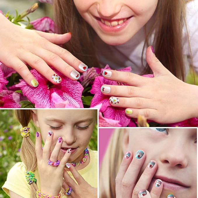 JANYUN 96 Pcs Kids False Nail Stick on Nails Kids Full Cover Short False Nails Children Nail Tips Lovely Gift for Kids Little Girls Nail Art Decoration (Fruits Color)