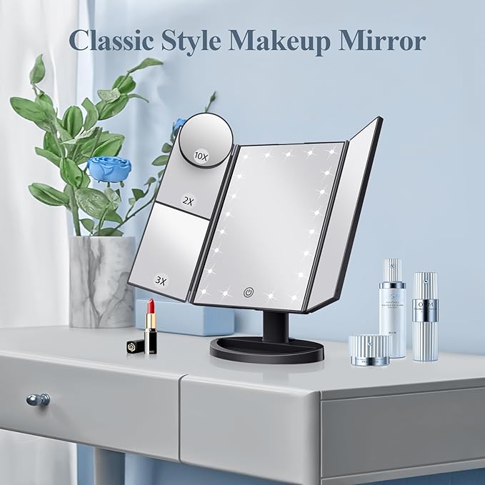 HUONUL Makeup Mirror Vanity with Lights, 2X 3X 10X Magnification, Lighted Mirror, Touch Control, Trifold Dual Power Supply, Portable LED Women Gift (Black)-VivaGrace Women